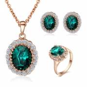 Yoursfs 18k Rose Gold Plated Green Gemstone Emerald Earring and Ring and Necklace Sets