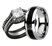 His & Hers Wedding Ring Set 1 Ct Cushion Shape Cubic Zirconia Black IP Stainless Steel Titanium 4 Pcs LV
