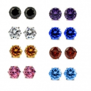 8 Pairs of Stainless Steel Colored Round Cubic Zirconia Stud Earrings Set of 5mm