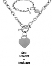 Stainless Steel Elegnat High Polished Heart Charm Cable Link Chain Necklace&Braceker Set with Toggle Clasp, Length:Neckalce 18', Bracelet: 7.5'
