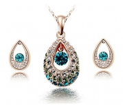 KATGI Fashion Austrian Crystal Angel Teardrop Pendant Necklace & Earrings (Set of 2) (Gold Green)