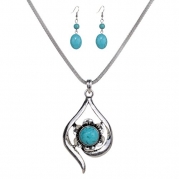 Yazilind Vintage Tibetan Silver Elegant Round Turquoise Inlay Rose Pendant Necklace Earrings Jewelry Set