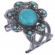 Vintage Inspired Round Turquoise Flower Tibetan Silver Adjustable Cuff Bangle Bracelet
