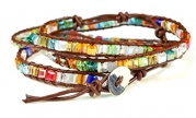 26 Brown Leather & Multi Square Mosaic Bead Wrap Bracelet