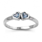 Aqua Twin Hearts Ring-Sizes 3-5-Silver Color Imitation March Birthstone Ring-Small Ring for Fingers
