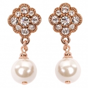 1928 Jewelry Womens Crystal Amore Simulated Pearl Drop Earring (Rose Gold)