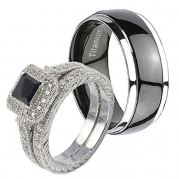 3 Pcs His & Hers Silver 925 Princess Black CZ & Titanium Dome Bridal Set Ring Sz10,9