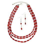 PammyJ Three Strand Dark Red Bead Necklace and Earrings Set