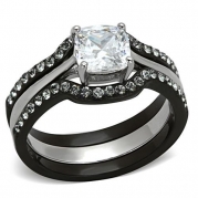 Wedding Ring Set Black Stainless Steel Cushion Shape AAA Cubic Zirconia 1.8 Ct Women's Non-Tarnish