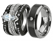 His & Hers 4 Pcs Black Men's CZ Titanium Matching Band Women's Stainless Steel Wedding Engagement Ring Set