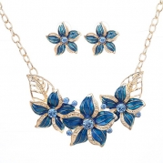 Yazilind Vogue Gold Plated Blue Crystal Enamel Flower Bib Collar Necklace Earrings Jewelry Set