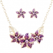Yazilind Vogue Gold Plated Crystal Purple Enamel Flower Bib Collar Necklace Earrings Jewelry Set