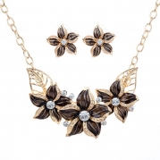 Yazilind Vogue Gold Plated Brown Crystal Enamel Flower Bib Collar Necklace Earrings Jewelry Set