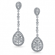 Bling Jewelry Bridal Art Deco Style CZ Teardrop Chandelier Earrings Rhodium Plated