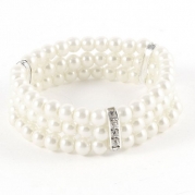 Ladies 3 Rows Faux Pearls Accent Off White Stretch Wrist Bracelet Jewelry