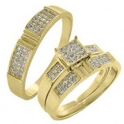 His & Hers 3 Pieces Sterling Silver Gold Plated CZ Engagement Wedding 3 Ring Set