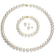 14k Yellow Gold 8-9mm White Cultured Freshwater Pearl Necklace 18 , Bracelet 7 & Stud Earring Set