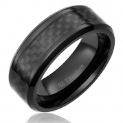 8MM Men's Titanium Ring Wedding Band Black Plated, Black Carbon Fiber Inlay and Beveled Edges [Size 7]