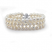 3-Row White A Grade 6.5-7mm Freshwater Cultured Pearl Bracelet, 7.5