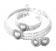 White Imitation Pearl Heart Rhinestone Choker Silvertone Necklace Cuff Bracelet and Earrings, 16+3 (White Imitation Pearl Silvertone)