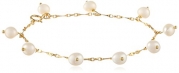 White Freshwater Pearl Dangles on Gold over Silver Long Linked Chain Bracelet, 7.5