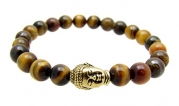Tigereye Gemstone Buddha Gold Plated Beaded Elastic Bracelet, 7 1/2, Yoga Jewelry