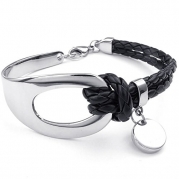 KONOV Jewelry Womens Leather Stainless Steel Bracelet, Braided Bangle, Black Silver
