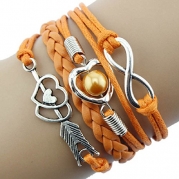 Doinshop Infinity Love Heart Pearl Friendship Antique Leather Charm Bracelet (orange)