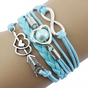 Doinshop Infinity Love Heart Pearl Friendship Antique Leather Charm Bracelet (sky blue)