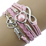 Doinshop Infinity Love Heart Pearl Friendship Antique Leather Charm Bracelet (pink)