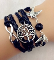 Vintage Style Black Leather Rope Tree Branches Love Birds Black Pearl Infinity Love Bracelet