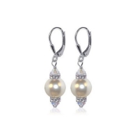 Sterling Silver White Pearl Crystal 1.5 inch Leverback Drop Earrings Made with Swarovski Elements