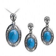 Sterling Silver Imitation Turquoise Filigree Oval Earrings Pendant Set Chain 18 Inches