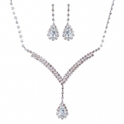 ACCESSORIESFOREVER Bridal Wedding Prom Jewelry Set Necklace Earring Crystal Rhinestone LG V Drop Silver