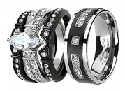 His Hers 4 Pcs Black Men 9 CZs Titanium Matching Band Women Stainless Steel Wedding Engagement Ring Set A