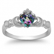 Sterling Silver Wedding & Engagement Ring Rainbow Topaz CZ Claddagh Ring 9MM ( Size 3 to 12) Size 3