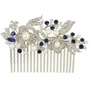 EVER FAITH Bridal Flower Cream Simulated Pearl Austrian Crystal Hair Comb Blue Silver-Tone N05946-1
