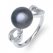 10mm Black Cultured Freshwater Pearl & Zirconia 925 Sterling Silver Ring