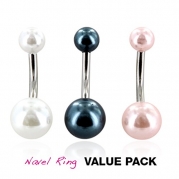 3 Pcs Pack of Assorted Color Stainless Steel Navel Belly Button Ring with Faux Pearl Balls