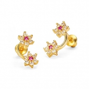 14k Gold Plated Brass Flower and Flower Screwback Girls Earrings with Sterling Silver Post