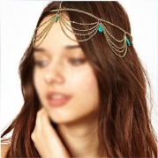 Generic Lady Women Girl Boho Sexy Green Stone Tassels Headband Link Chain Cuff Headpiece