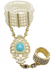 Blue Bead Pendant Rhinestone Cream Imitation Pearl Goldtone Slave Ring Hand Chain Bracelet (Goldtone Cream Imitation Pearls)