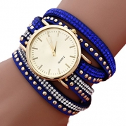 Voberry® Women Vintage Luxury Watches Leather Rivet Bracelet Quartz Wristwatches (Blue)