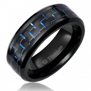8MM Men's Titanium Ring Wedding Band Black Plated Black and Blue Carbon Fiber Inlay and Beveled Edges [Size 10.5]