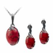 Sterling Silver Imitation Red Turquoise Oval Earrings Pendant Set Chain 18 Inches