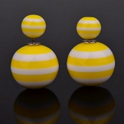 Two Side Ball Stripe Yellow White Round Pierced Ear Stud Earrings Pin (Pack Of 2 Pairs)