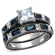 Wedding Ring Set Stainless Steel Princess Shape Cubic Zirconia Montana Blue Stone Accent Size 5-10