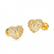 14k Gold Plated Brass Domed Heart Pave Screwback Girls Earrings with Sterling Silver Post