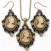 Brown Cameo Necklace Fashion Jewelry Set Pendant Charm Dangle Drop Earrings