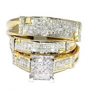 Yellow Gold Trio Wedding Set Mens Women Rings Real 0.5ct Diamonds Pave